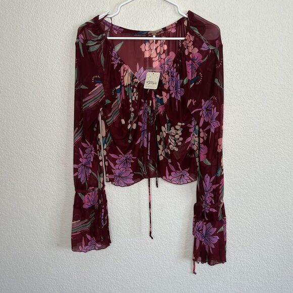 Free People Piece of Paradise Bell Sleeve Floral Mesh V-Neck Blouse Large New e3 - Picture 10 of 15